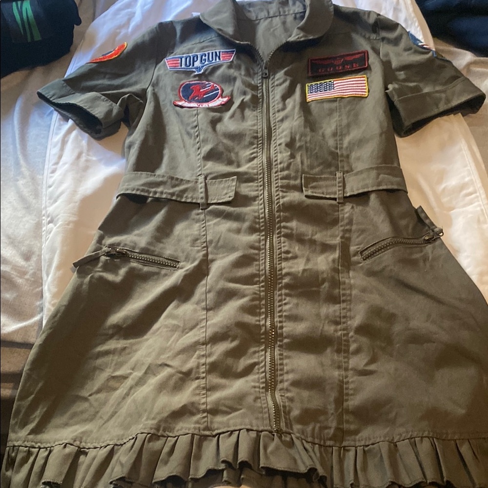 Olive Green Military Style Dress with Patches